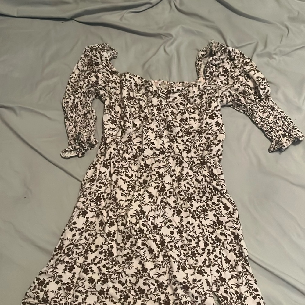 Cream and Brown Floral Off-the-Shoulder Dress